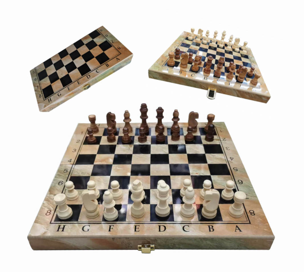 Schaakbord, Dambord & Backgammon - 3-in-1 Set - Marmer