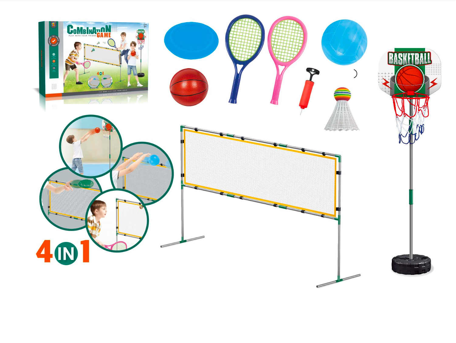 4-in-1 Speelgoed - Basketbal - Badminton - Frisbee - Tennis - Volleybal