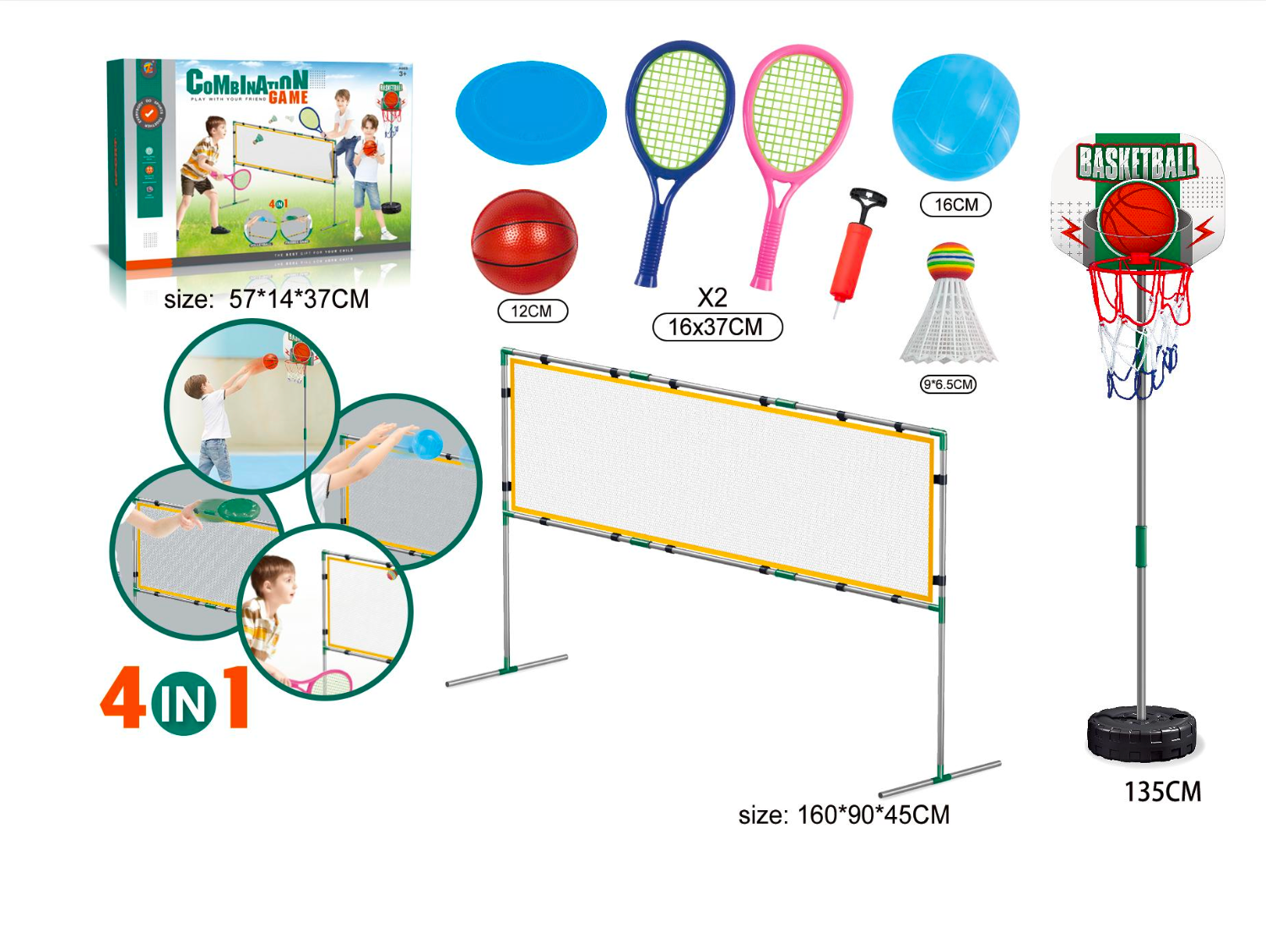 4-in-1 Speelgoed - Basketbal - Badminton - Frisbee - Tennis - Volleybal