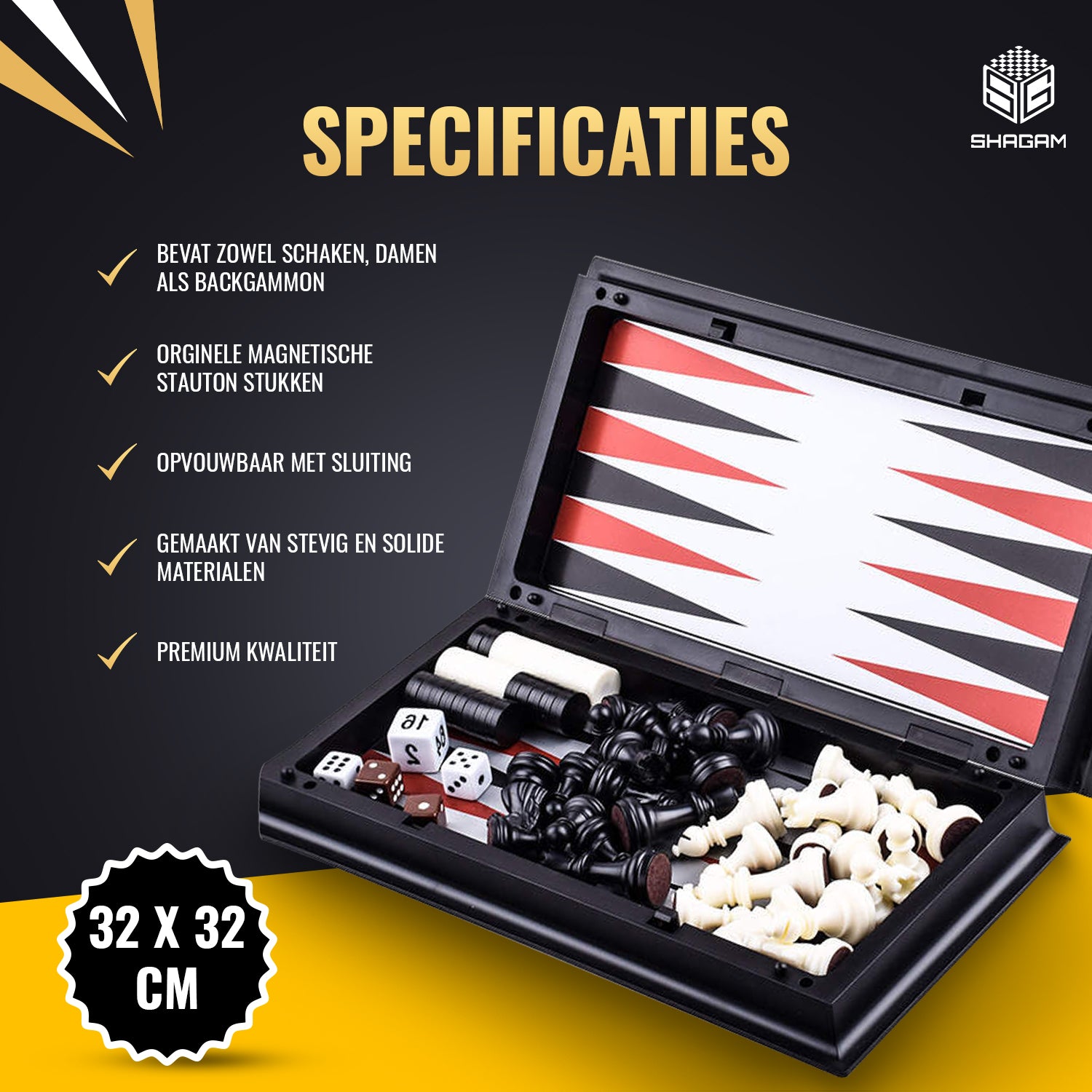 Schaakbord, Dambord & Backgammon - 3-in-1 Set - Magnetisch