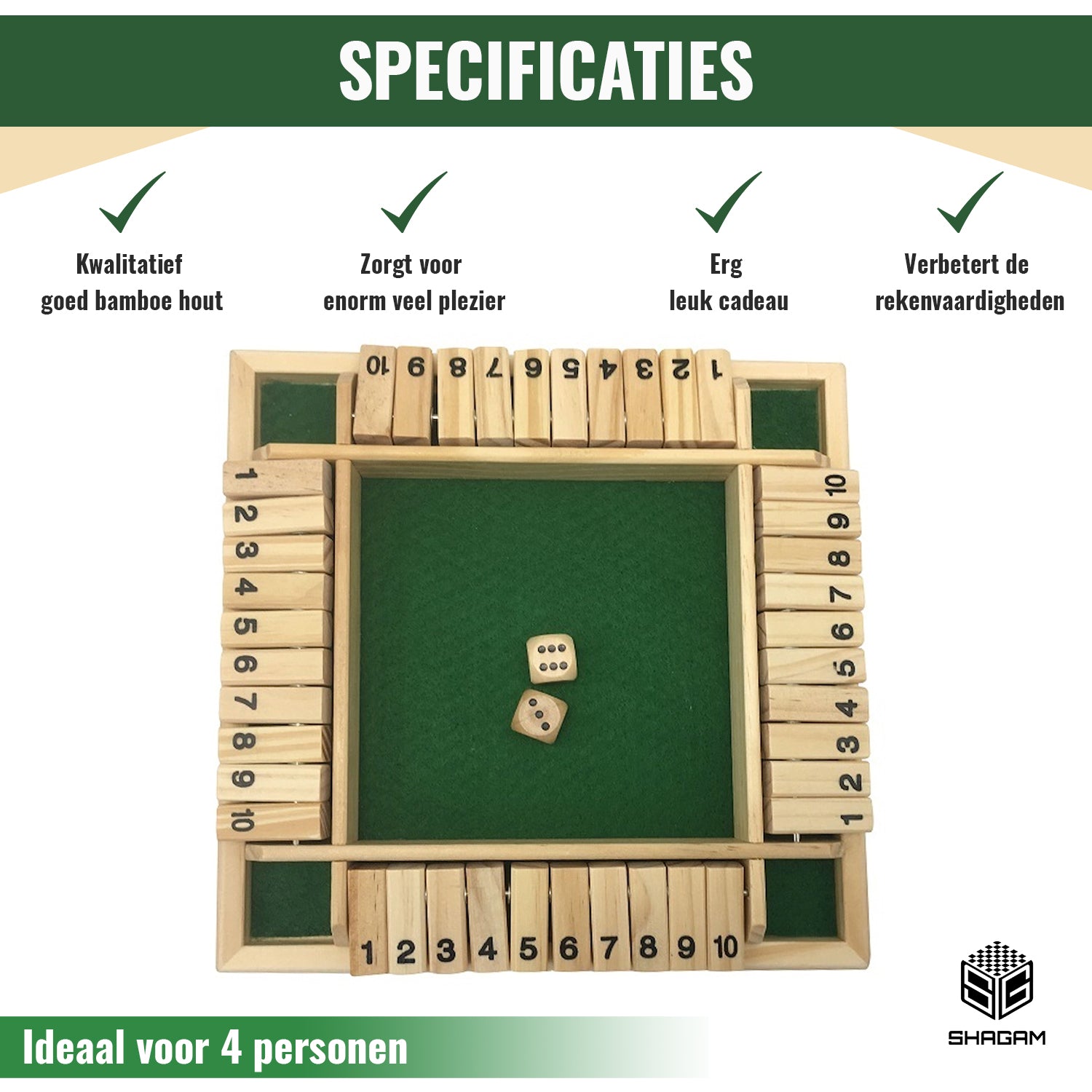 Shut The Box - 4 Players - 1 to 10 - Green