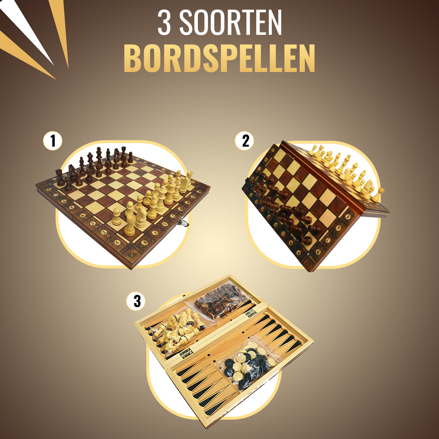 Schachbrett, Schachbrett und Backgammon – 3-in-1-Set – Antik